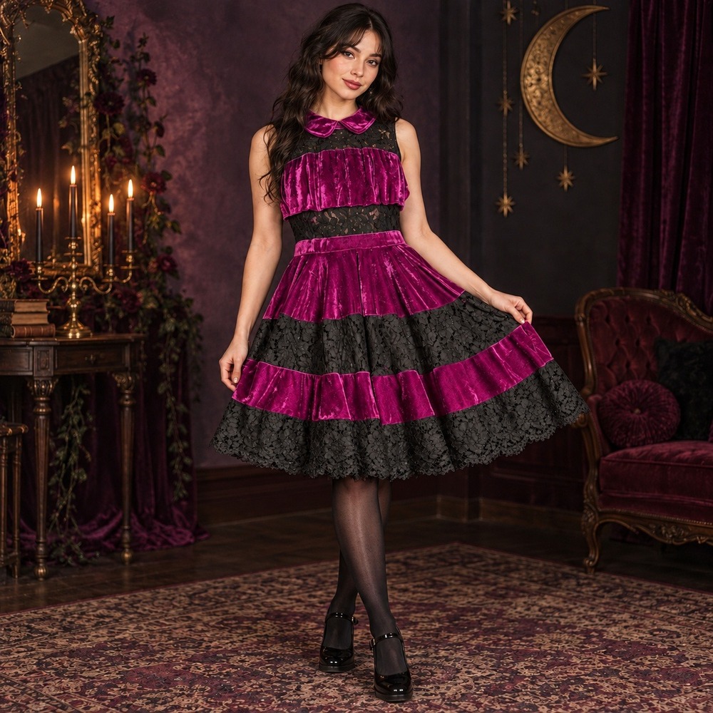 Whimsigoth Lace Velvet Black Burgundy Small Dress Steampunk